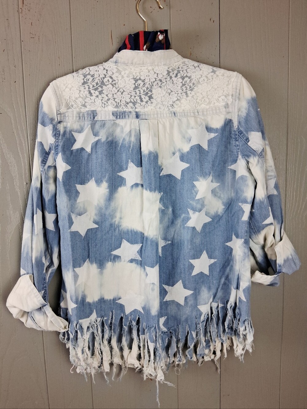 Upcycled Patriotic Ruffle Collar Shirt Womens M Fringe Bleach Art to Wear Patch
